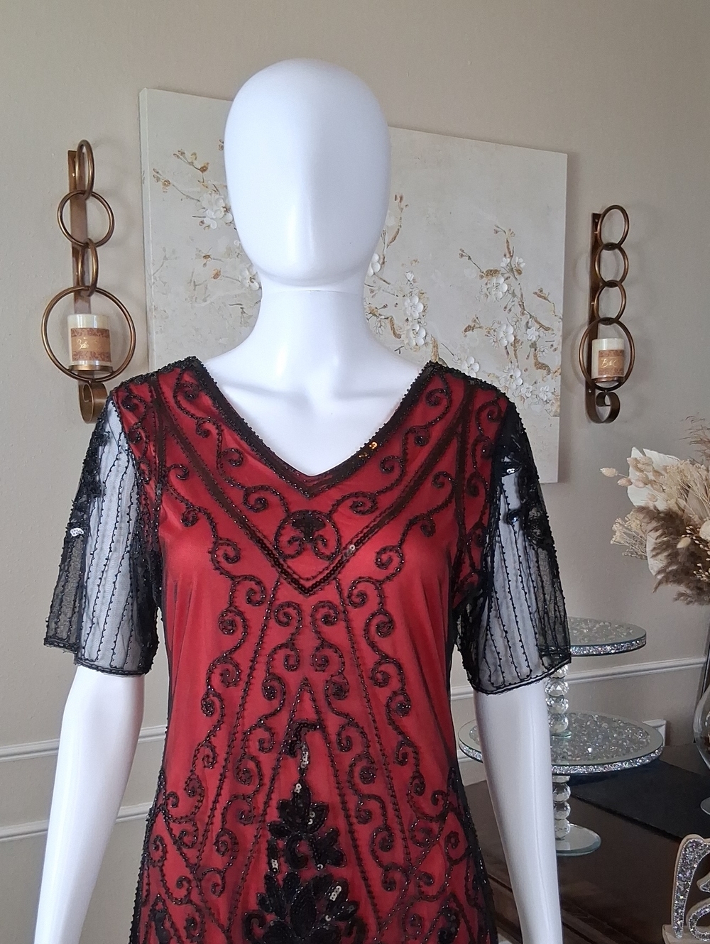 New Women's Red And Black Beaded V-Neck Fringe Cocktail Summer Dress Medium - Picture 6 of 16